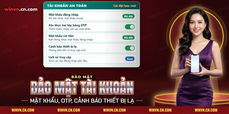 Bảo mật tài khoản Winvn với mật khẩu, xác thực hai lớp và cảnh báo thiết bị lạ