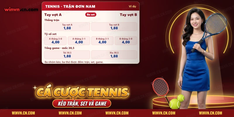 Cá cược tennis Winvn cho trận đơn nam với kèo thắng trận, tỷ số set và tài xỉu tổng game