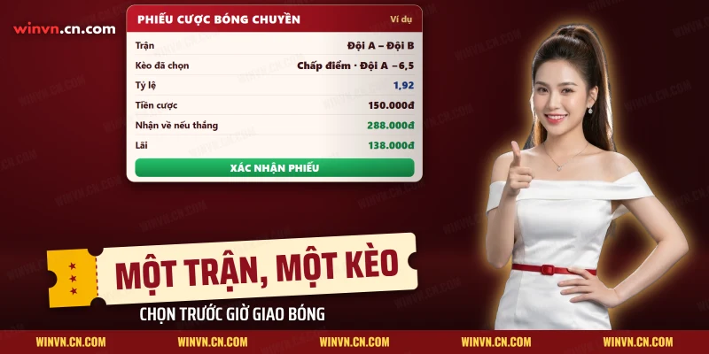 Phiếu cược bóng chuyền ví dụ với một kèo được chọn cho trận đấu