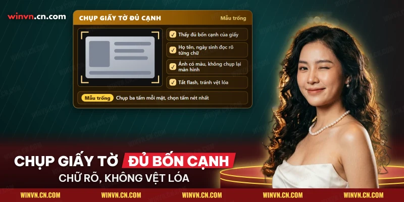 Khung chụp giấy tờ mẫu trống cùng danh sách điều kiện để ảnh đủ cạnh, rõ chữ, không lóa
