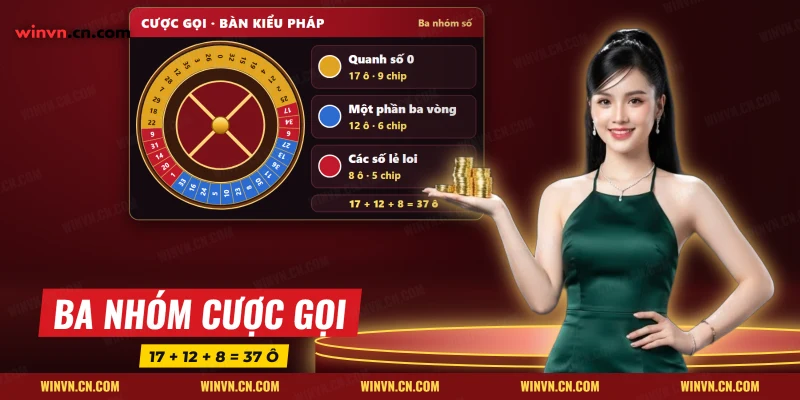 Vòng quay Roulette kiểu Pháp chia ba nhóm cược gọi gồm 17, 12 và 8 ô