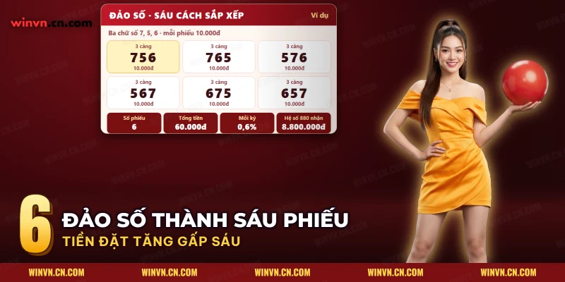 Sáu cách sắp xếp của ba chữ số thành sáu phiếu ba càng, kèm tổng tiền và xác suất mỗi kỳ