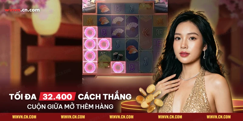 Lưới cuộn Lucky Neko với hàng mở thêm ở các cuộn giữa