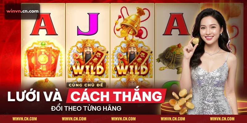 Lưới slot Thần Tài với nhân vật Thần Tài, chuông vàng, bao lì xì và đồng xu vàng
