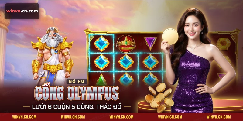 Nổ hũ Cổng Olympus Winvn với Zeus đứng cạnh lưới đá quý đang sáng viền các ô thắng