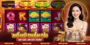 Nổ hũ Thần Tài Winvn với mèo may mắn, bé ôm thỏi vàng, nồi vàng nhiều màu và đồng xu rơi