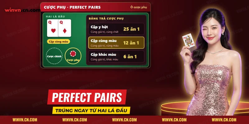 Bảng trả cược phụ Perfect Pairs ở bàn Blackjack với cặp Q cơ Q rô cùng màu trả 12 ăn 1